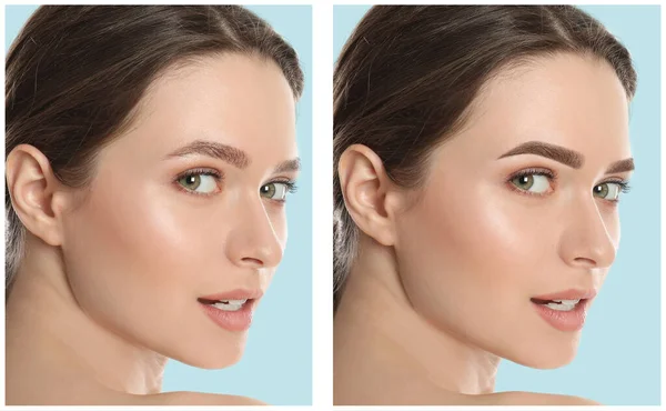 Vacker Ung Kvinna Före Och Efter Permanent Makeup Ljusblå Bakgrund — Stockfoto