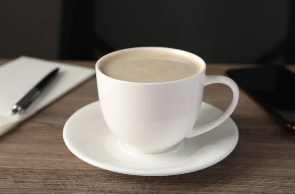 Coffee Break Workplace Cup Hot Drink Wooden Table — Stock Photo, Image