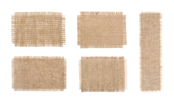 Set Pieces Natural Burlap Fabric White Background Top View — Stock Photo, Image