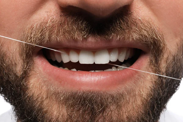 Mann Mit Zahnseide Nahaufnahme Zahnpflege — Stockfoto