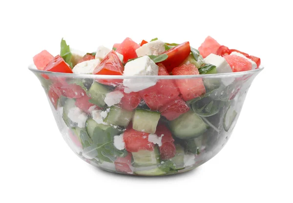 Salada Deliciosa Com Melancia Legumes Queijo Feta Isolado Branco — Fotografia de Stock