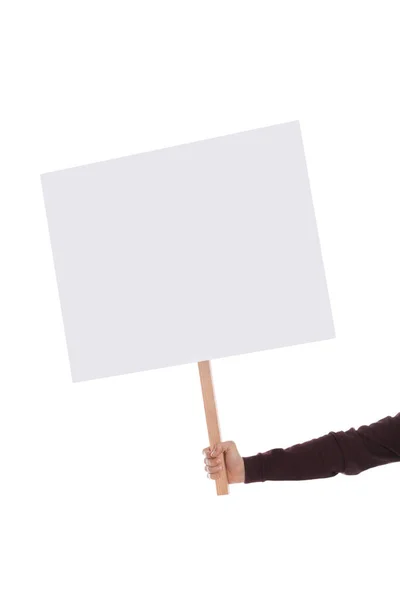 Frau Mit Leerem Schild Auf Weißem Hintergrund Nahaufnahme — Stockfoto