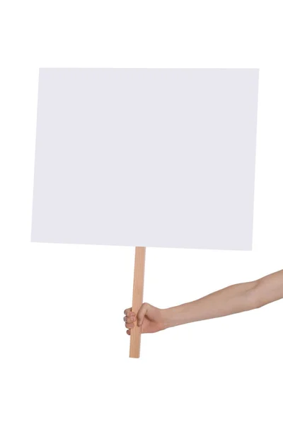 Γυναίκα Κρατώντας Κενό Σημάδι Λευκό Φόντο Κοντινό Πλάνο — Φωτογραφία Αρχείου