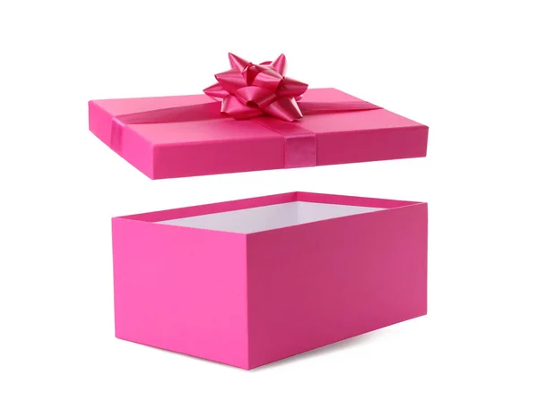 Caja Regalo Rosa Tapa Con Lazo Sobre Fondo Blanco — Foto de Stock