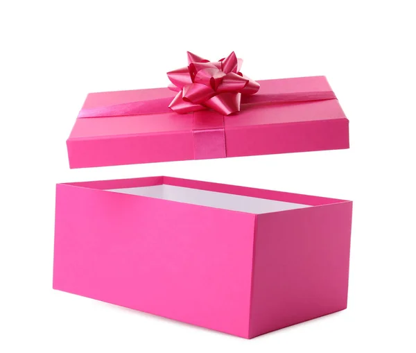 Pink Gift Box Lid Bow White Background — Stock Photo, Image