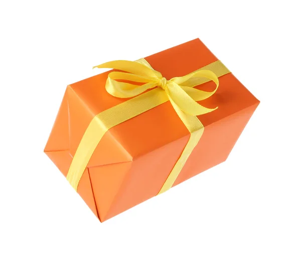 Orange Gift Box Yellow Bow Isolated White — Stock Photo, Image