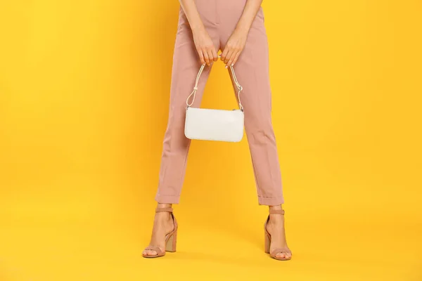 Woman Stylish Bag Yellow Background Closeup — Stock Photo, Image