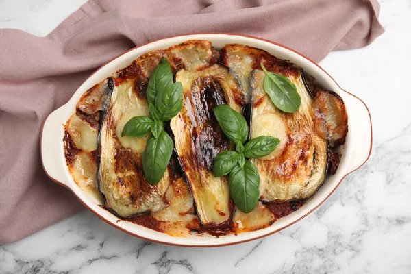Delicious Eggplant Lasagna Baking Dish White Marble Table Top View — Stock Photo, Image