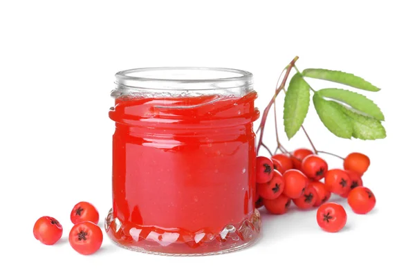 Delicious Rowan Jam Glass Jar Berries Green Leaves White Background — Stock Photo, Image
