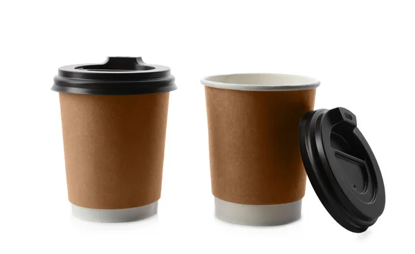 Kaffeetassen Zum Mitnehmen Aus Papier Mit Deckel Auf Weißem Hintergrund — Stockfoto