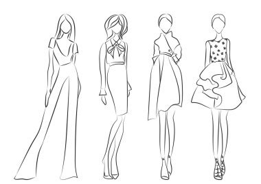 Moda skeci. Beyaz arka planda şık kıyafetler giyen mankenler, illüstrasyon