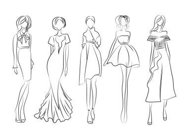 Moda skeci. Beyaz arka planda şık kıyafetler giyen mankenler, illüstrasyon