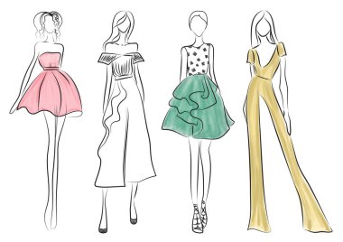 Moda skeci. Beyaz arka planda şık kıyafetler giyen mankenler, illüstrasyon