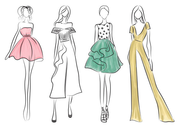 Fashion sketch. Models wearing stylish clothes on white background, illustration