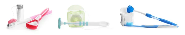 Set Different Tongue Scrapers Dental Floss Toothbrushes White Background Banner — Stock Photo, Image