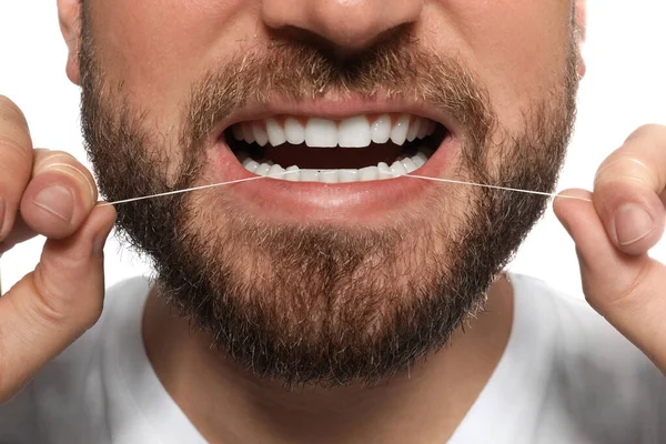 Mann Mit Zahnseide Auf Weißem Hintergrund Nahaufnahme Zahnpflege — Stockfoto
