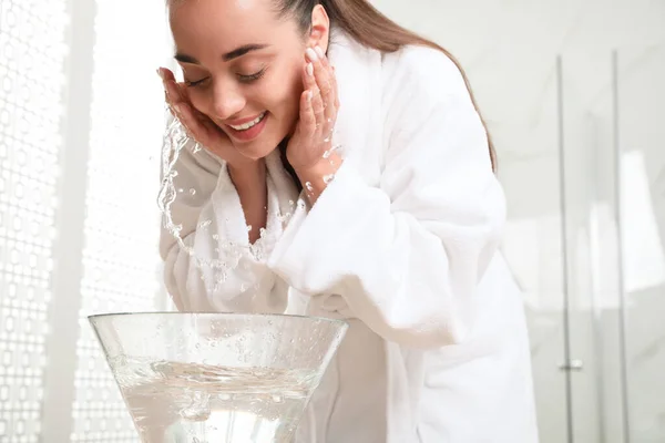Beautiful Young Woman Washing Her Face Water Bathroom — Stock Photo, Image