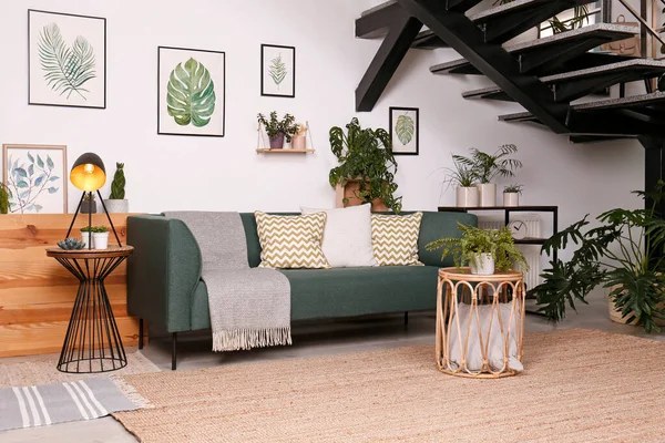 Rahat Kanepe Yeşil Bitkilerle Dolu Şık Bir Oturma Odası — Stok fotoğraf