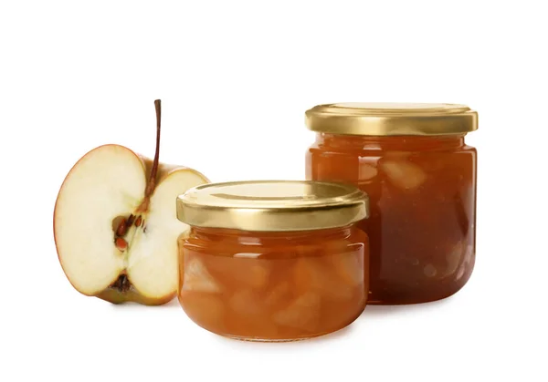 Lekkere Appeljam Glazen Potten Vers Fruit Witte Achtergrond — Stockfoto