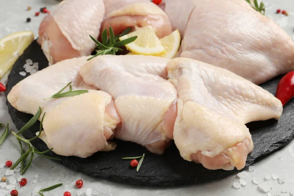 Fresh Raw Chicken Meat Other Products Slate Board Closeup — Stock Photo, Image