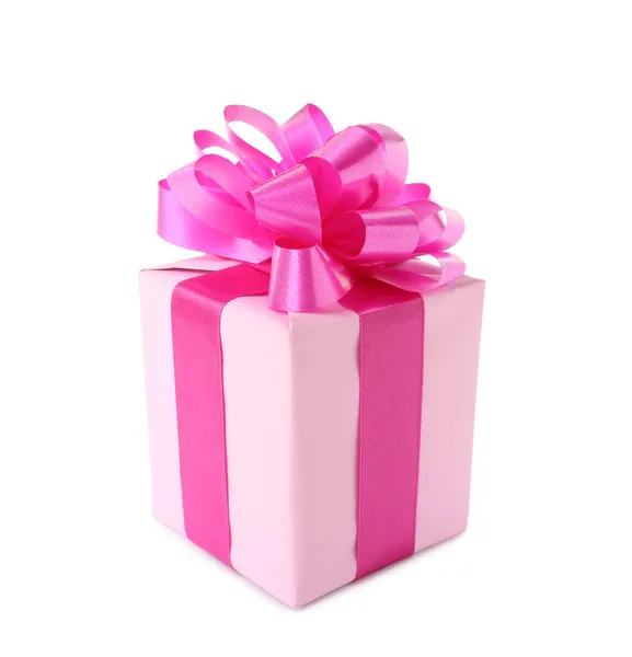 精美包装的礼品盒 粉红色的蝴蝶结与白色隔离 — 图库照片