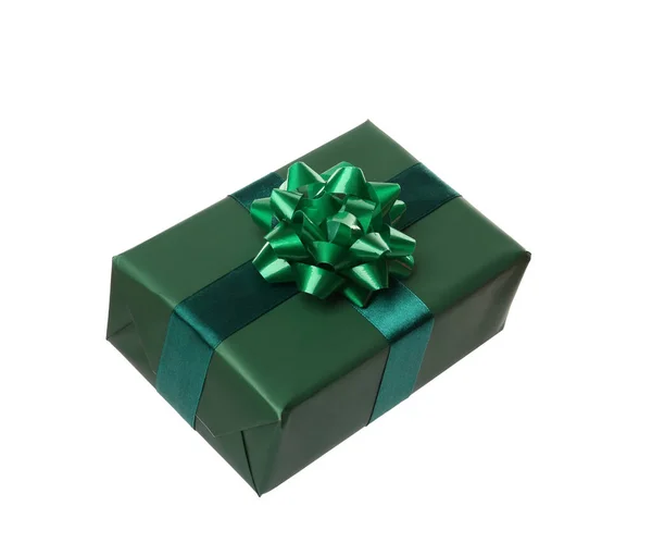 Caixa Presente Verde Com Arco Isolado Branco — Fotografia de Stock