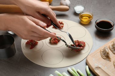 Açık gri masada lezzetli bir gyoza pişiren kadın, yakın plan.