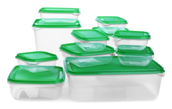Set Contenitori Plastica Vuoti Alimenti Sfondo Bianco — Foto Stock