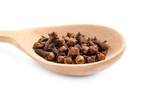 Wooden Spoon Aromatic Dry Cloves Isolated White — Stock Photo, Image