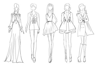 Moda skeci. Beyaz arka planda şık kıyafetler giyen mankenler, illüstrasyon