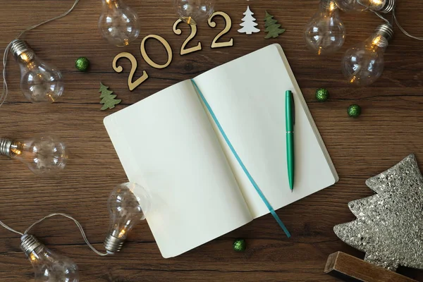 Planejador Aberto Decoração Natal Fundo Madeira Flat Lay 2022 Objetivos — Fotografia de Stock