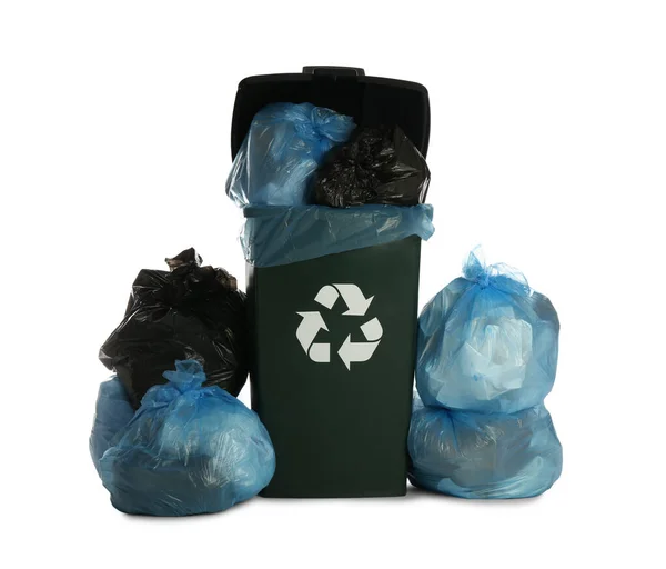 Dark Green Recycling Bin Overfilled Garbage Bags White Background — Stock Photo, Image