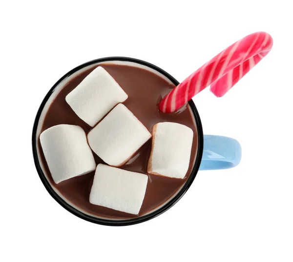 Copo Chocolate Quente Delicioso Com Marshmallows Cana Açúcar Isolado Vista — Fotografia de Stock