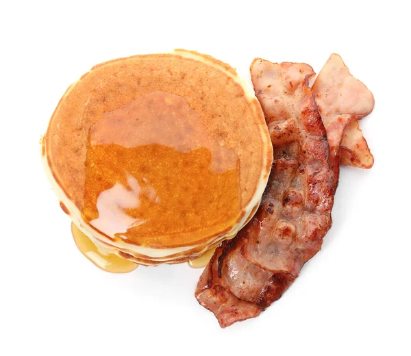 Pancake Lezat Dengan Sirup Maple Dan Bacon Goreng Latar Belakang — Stok Foto