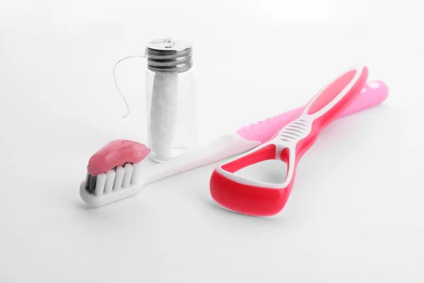 New Tongue Cleaner Dental Floss Toothbrush Paste White Background — Stock Photo, Image