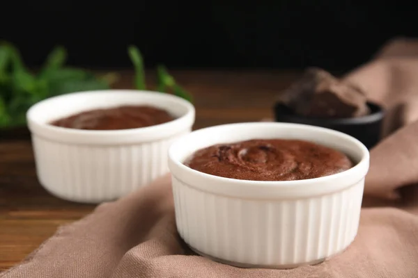 Delicious Fresh Chocolate Fondant Wooden Table Closeup — Stock Photo, Image