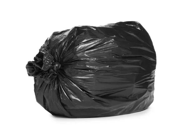 Beyazda Izole Edilmiş Çöplerle Dolu Siyah Çöp Torbası — Stok fotoğraf