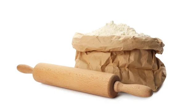 Wooden Rolling Pin Paper Bag Flour White Background — Stock Photo, Image
