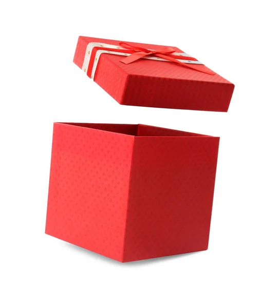 Όμορφο Κόκκινο Κουτί Δώρου Καπάκι Λευκό Φόντο — Φωτογραφία Αρχείου