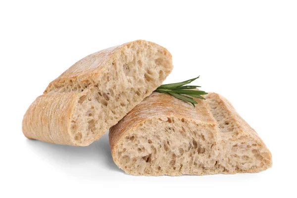 Snijd Ciabatta Met Rozemarijn Witte Achtergrond Vers Brood — Stockfoto