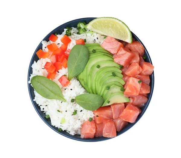 Delicioso Tazón Poke Con Salmón Espinacas Aguacate Aislado Blanco Vista — Foto de Stock