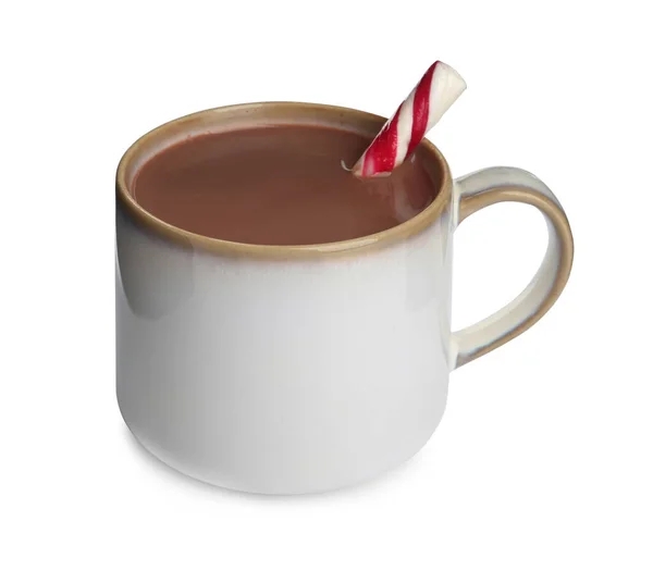 Copa Delicioso Chocolate Caliente Con Bastón Caramelo Aislado Blanco — Foto de Stock