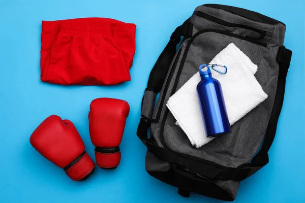 Gym Bag Sports Equipment Light Blue Background Flat Lay — Stock Photo, Image