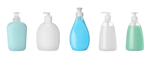 Set Different Bottles Liquid Soap White Background Banner Design — Stock Photo, Image