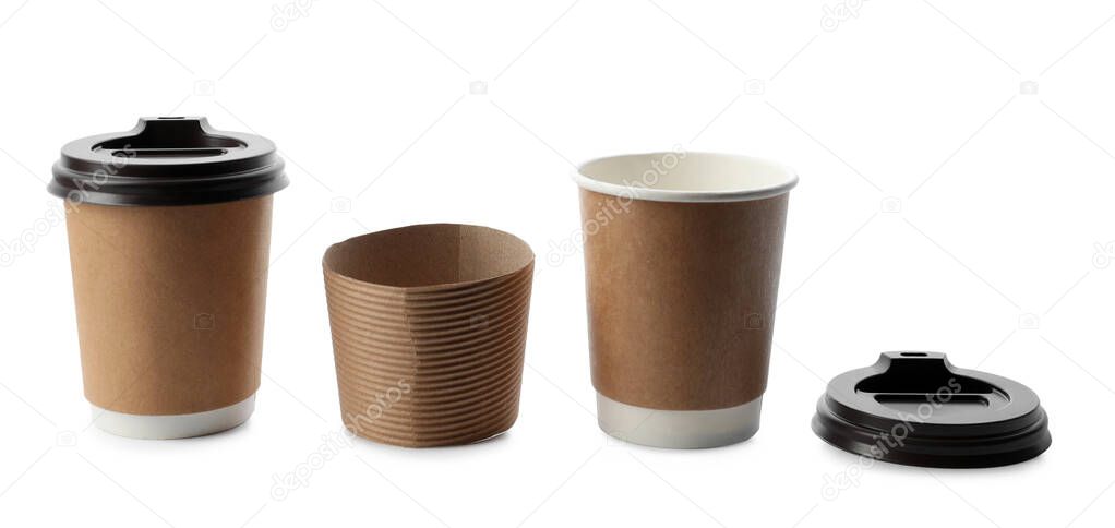 Takeaway paper coffee cups and sleeve on white background