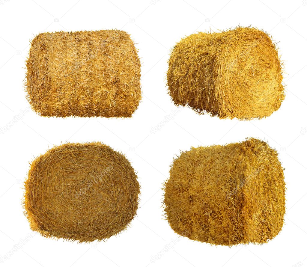 Set with dried straw bales on white background