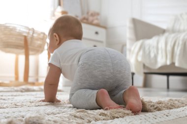 Evde emekleyen şirin bir bebek, bacaklarına odaklan.