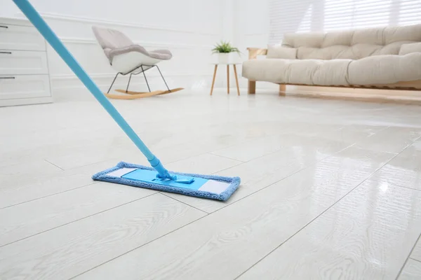 Washing Parquet Floor Mop Room Closeup Space Text — Stock Photo, Image