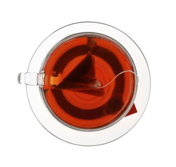 Tea Bag Glass Cup Hot Water Isolated White Top View — Stock Photo, Image