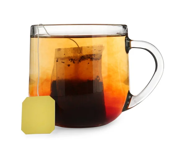 Cam Bardakta Çay Poşeti Sıcak Beyaz Üzerine Izole Edilmiş — Stok fotoğraf